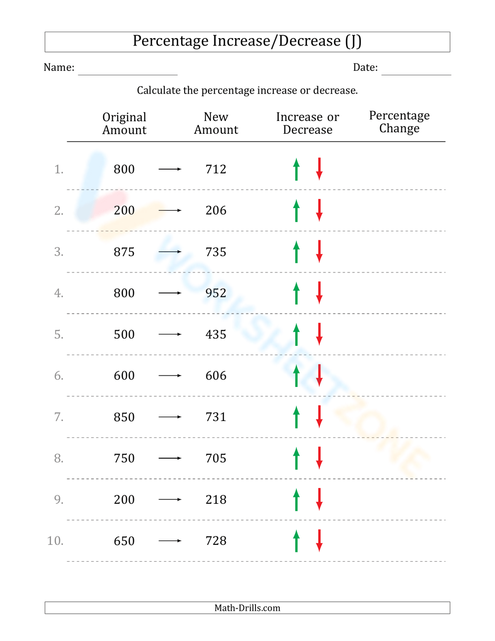 Percent Of Change Printable Worksheets Percent Of Change Printable Worksheets