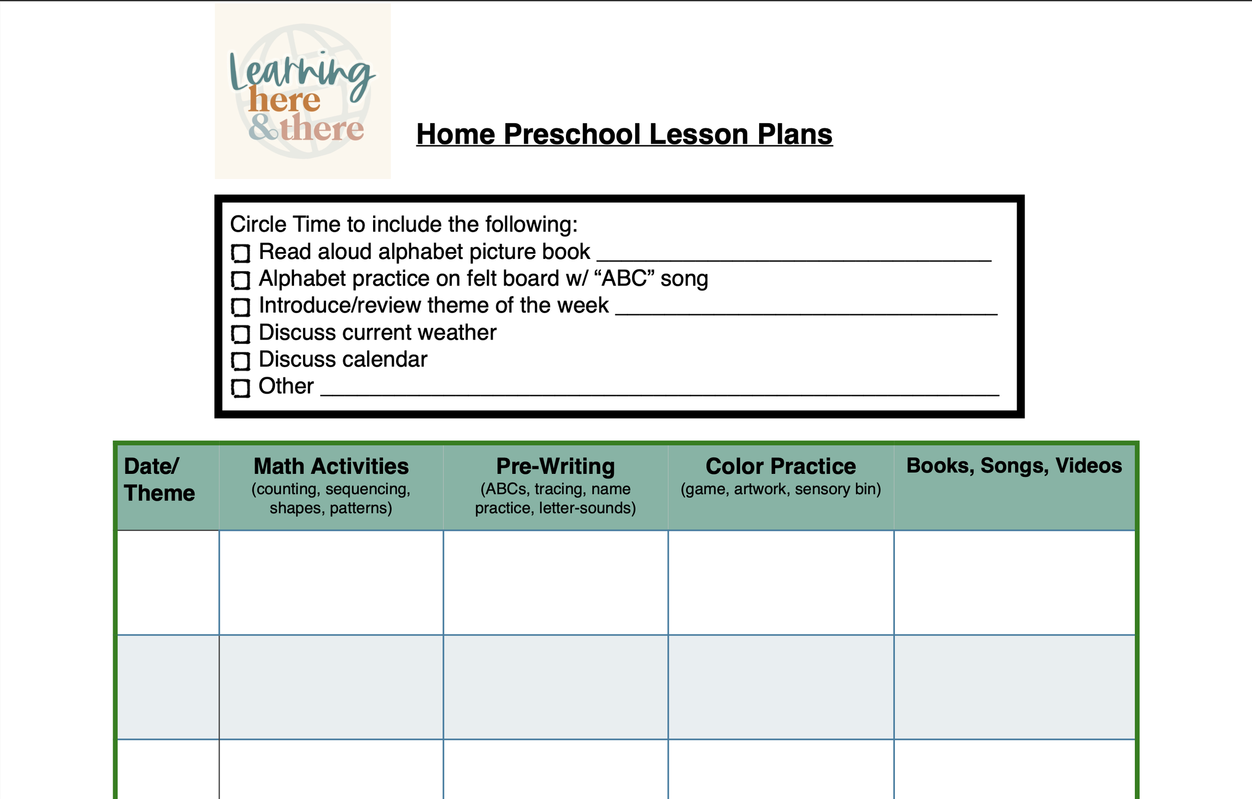 Preschool Lesson Plans Printable