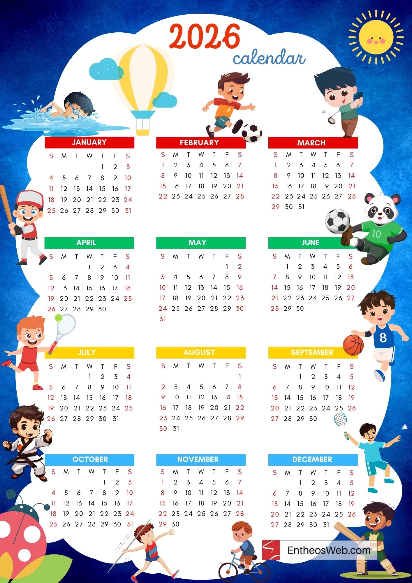 Printable Kids Calendar 2026 EntheosWeb