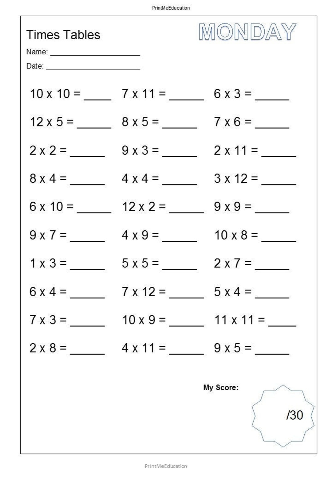 Printable Mixed Multiplying Daily Practice Worksheets With Answer Key Mixed Times Tables Numbers 1 12 Etsy Israel