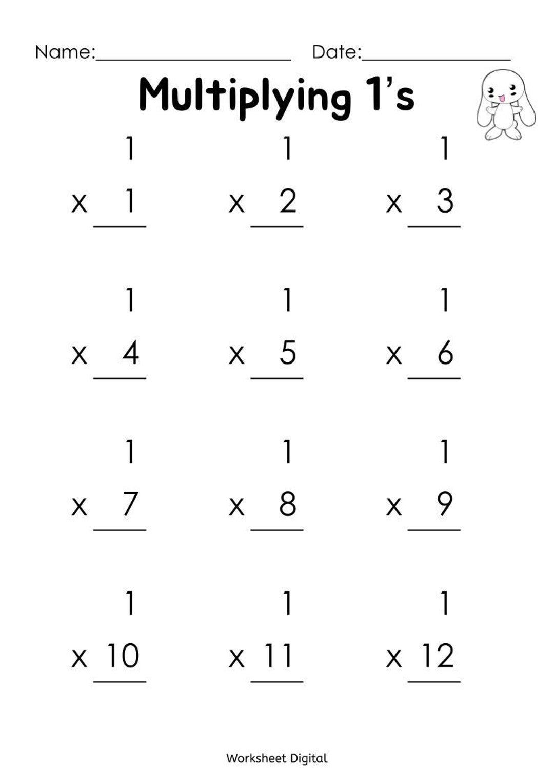Printable Multiplication Multiplying Worksheets Numbers 1 12 For Kindergarten 1st Grade Math Homeschool Busy Books Etsy