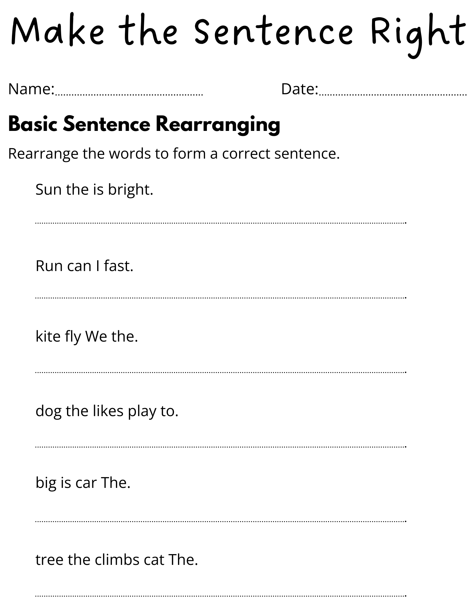 Printable Simple Rearrange Sentences Worksheet For Grade 1 With Answers Made By Teachers