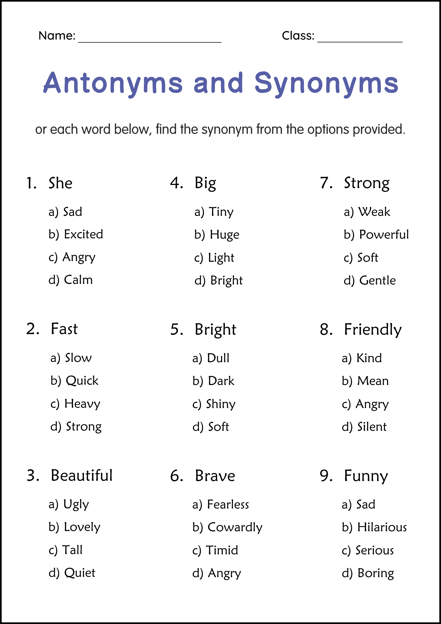 Printable Synonyms And Antonyms Grammar Worksheet For Grade 1 2 3 Teaching Resources
