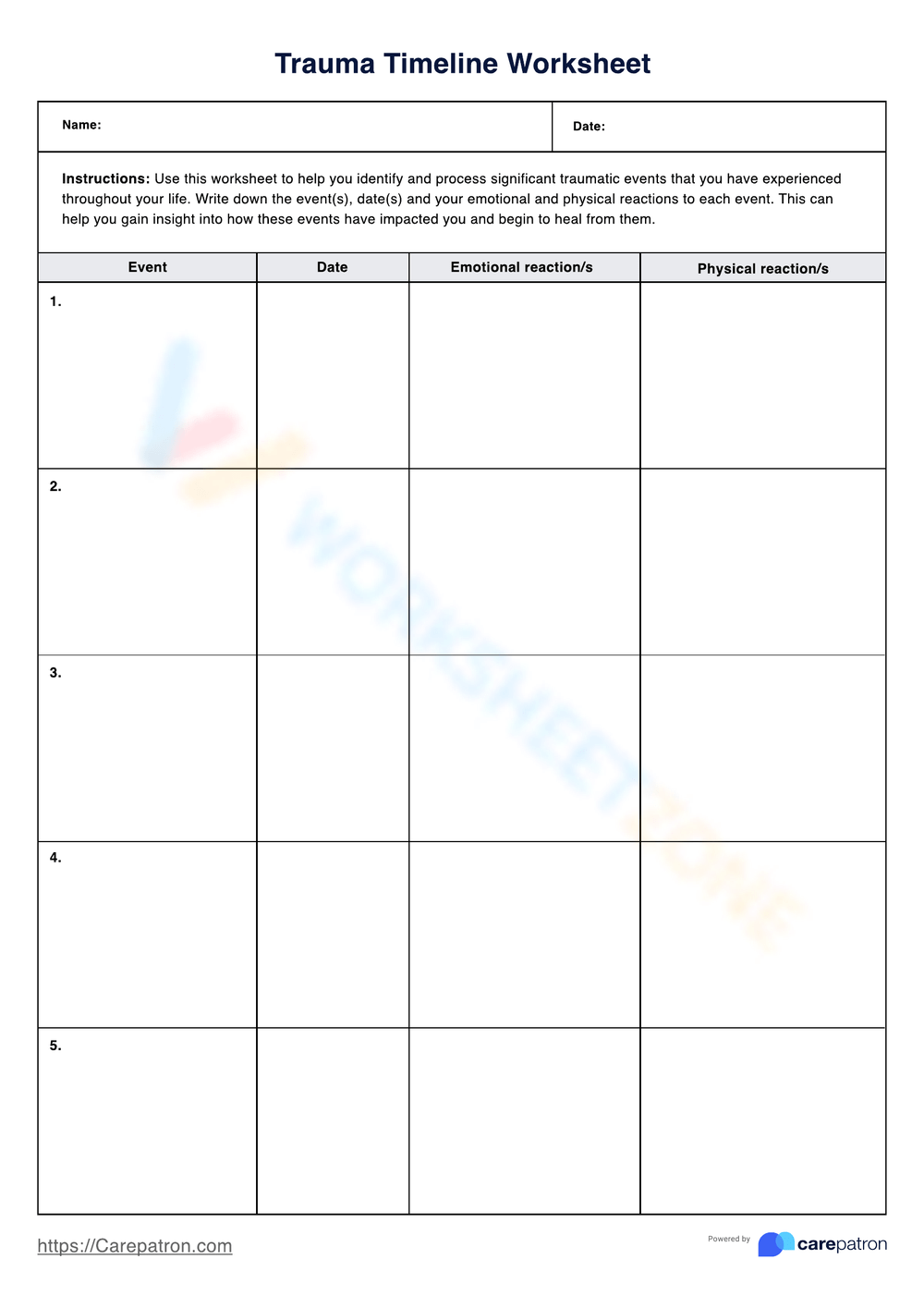 Printable Trauma Timeline Fill In The Blanks Worksheets