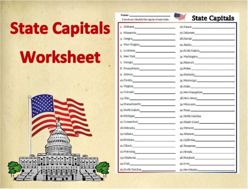 Printable U S State Capitals Worksheet test practice Test social Studies Homework digital Class Worksheets state Capitals Learning Tools Etsy Hong Kong