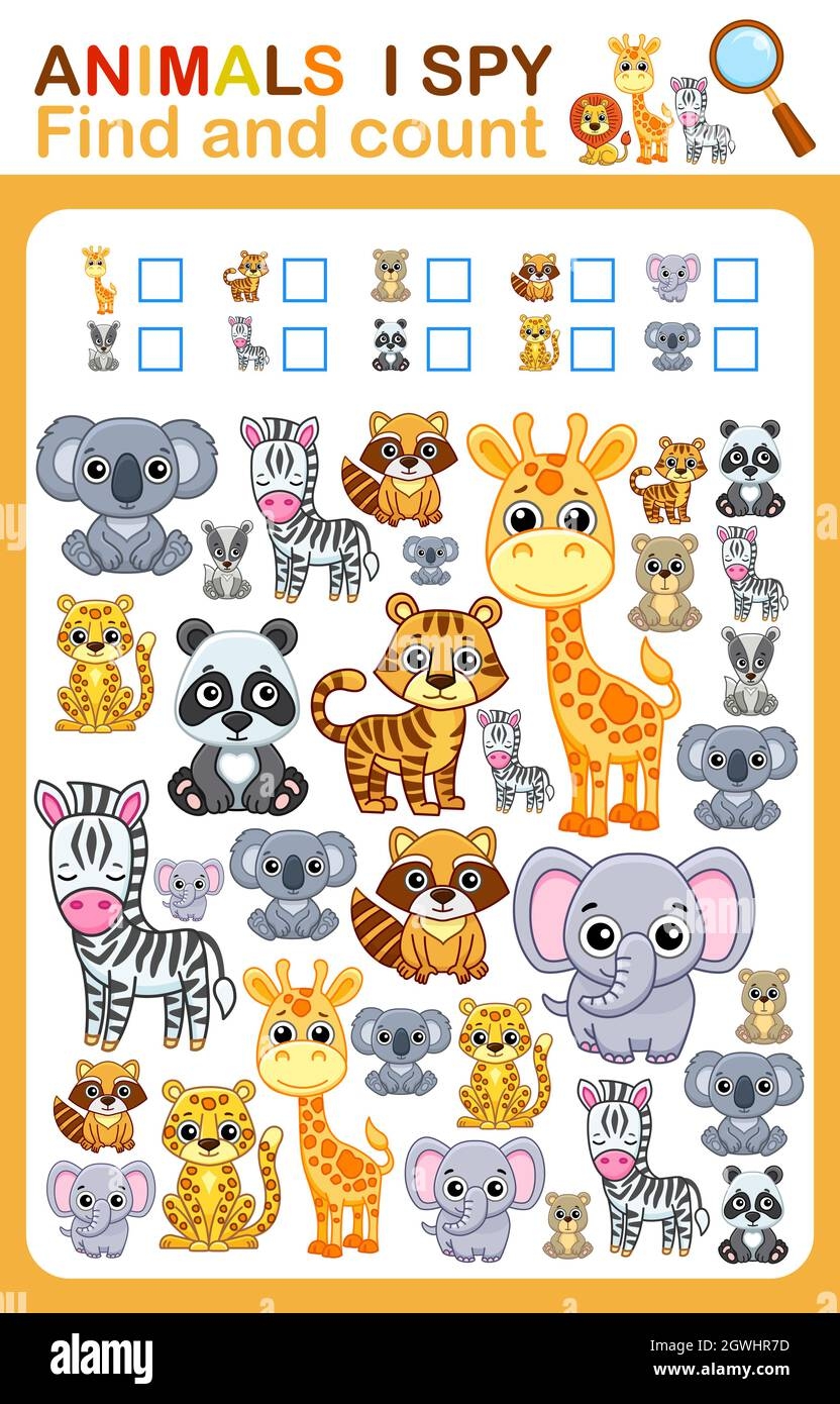 Printable Worksheet For Kindergarten And Preschool Book Page I Spy Count Zoo Animal Stock Vector Image U0026 Art Alamy