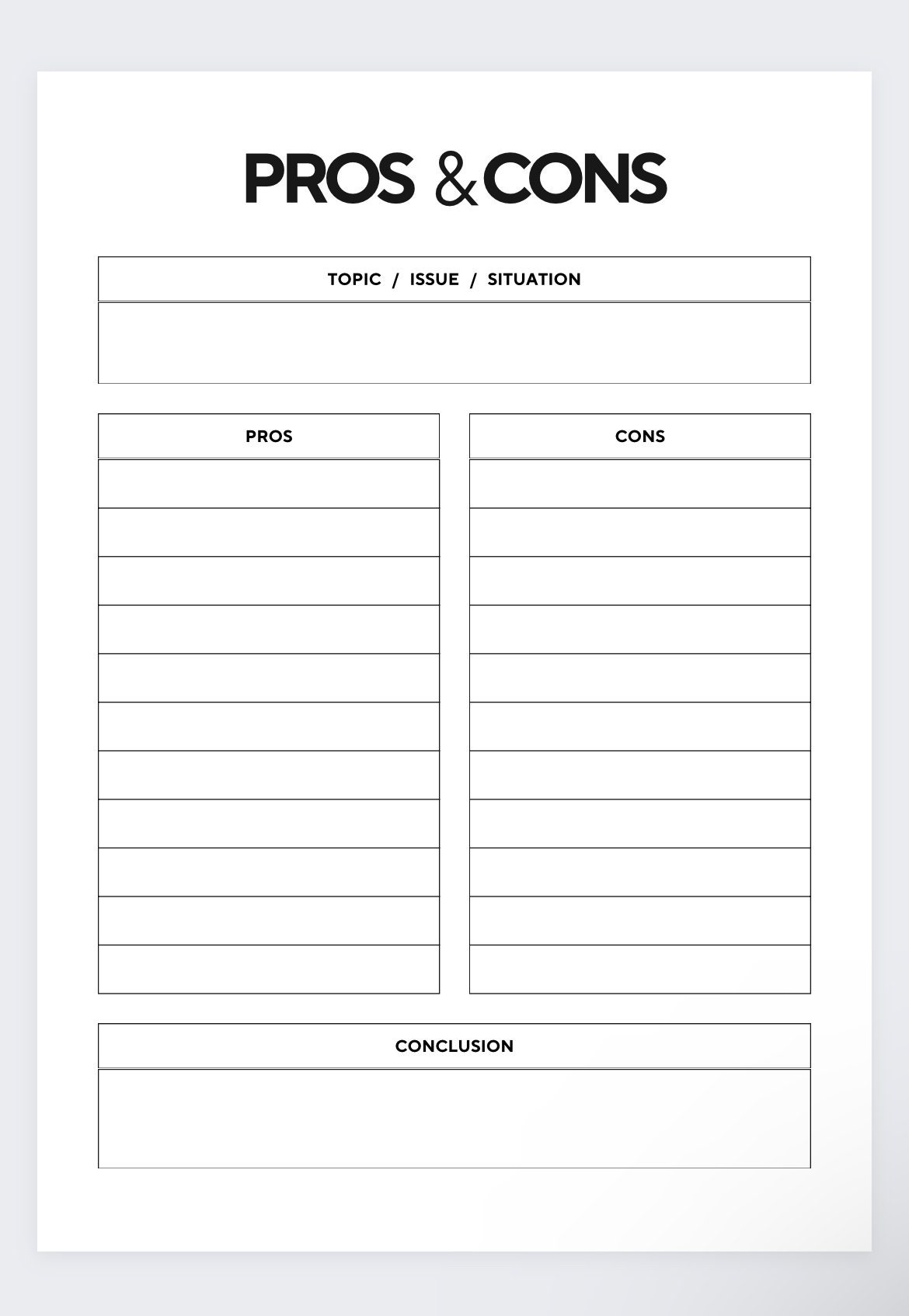 Pros And Cons List advantages And Disadvantages List decision Evaluation Sheet Pros Vs Cons Analysis decision Matrix pros And Cons Planner Etsy
