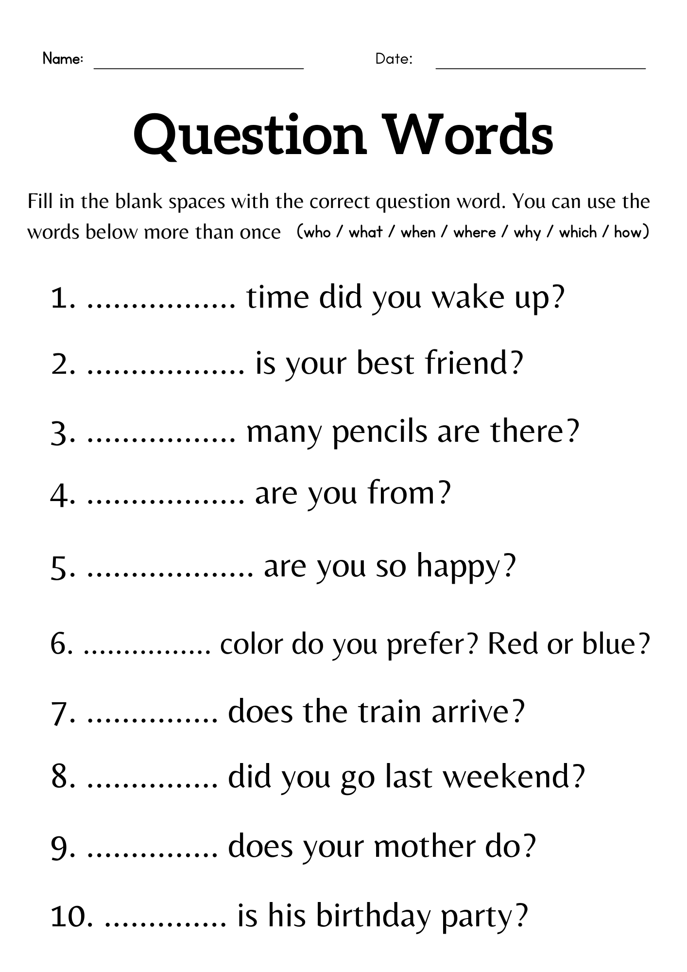 Free Printable Teaching Wh Questions Worksheets