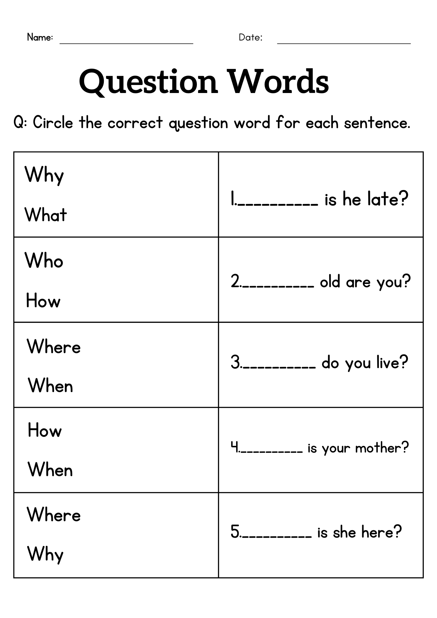 Question Words Worksheet For Grade 1 Or 2 Wh Questions Exercises For Kids Made By Teachers