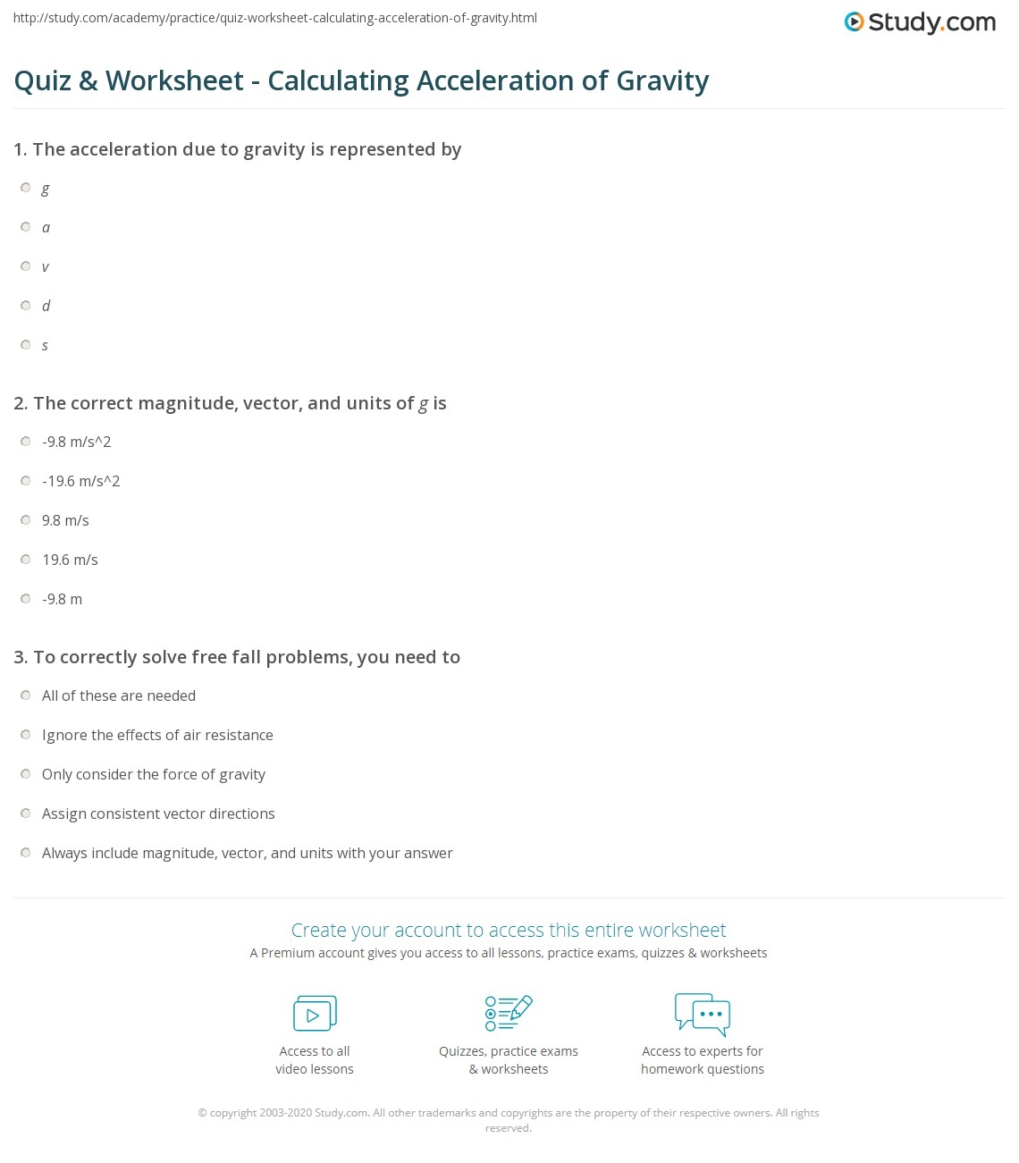 Quiz Worksheet Calculating Acceleration Of Gravity Study Quiz Worksheet Calculating Acceleration Of Gravity Study