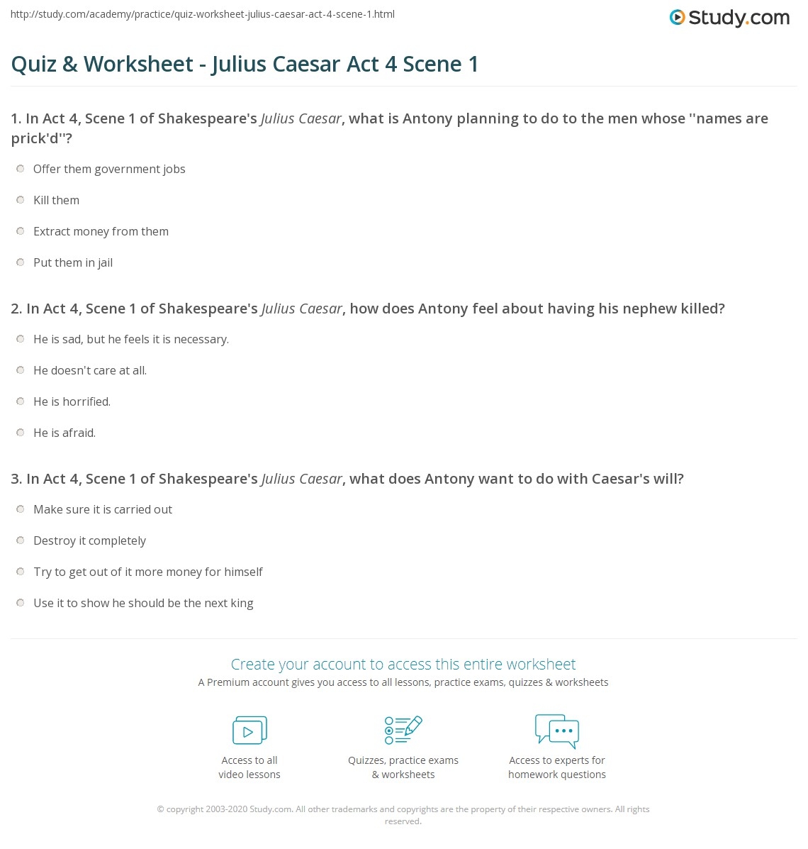 Quiz Worksheet Julius Caesar Act 4 Scene 1 Study