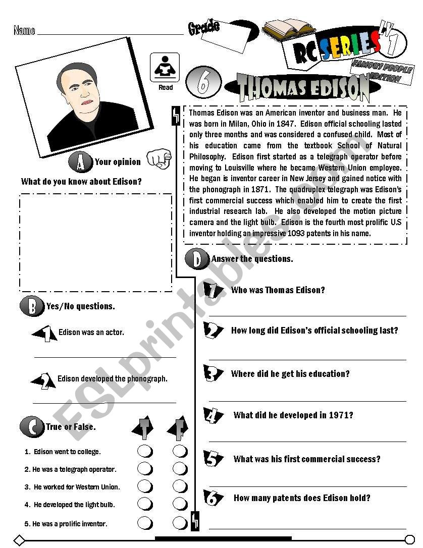 RC Series Famous People Edition 06 Thomas Edison Fully Editable RE UP ESL Worksheet By Melahel7