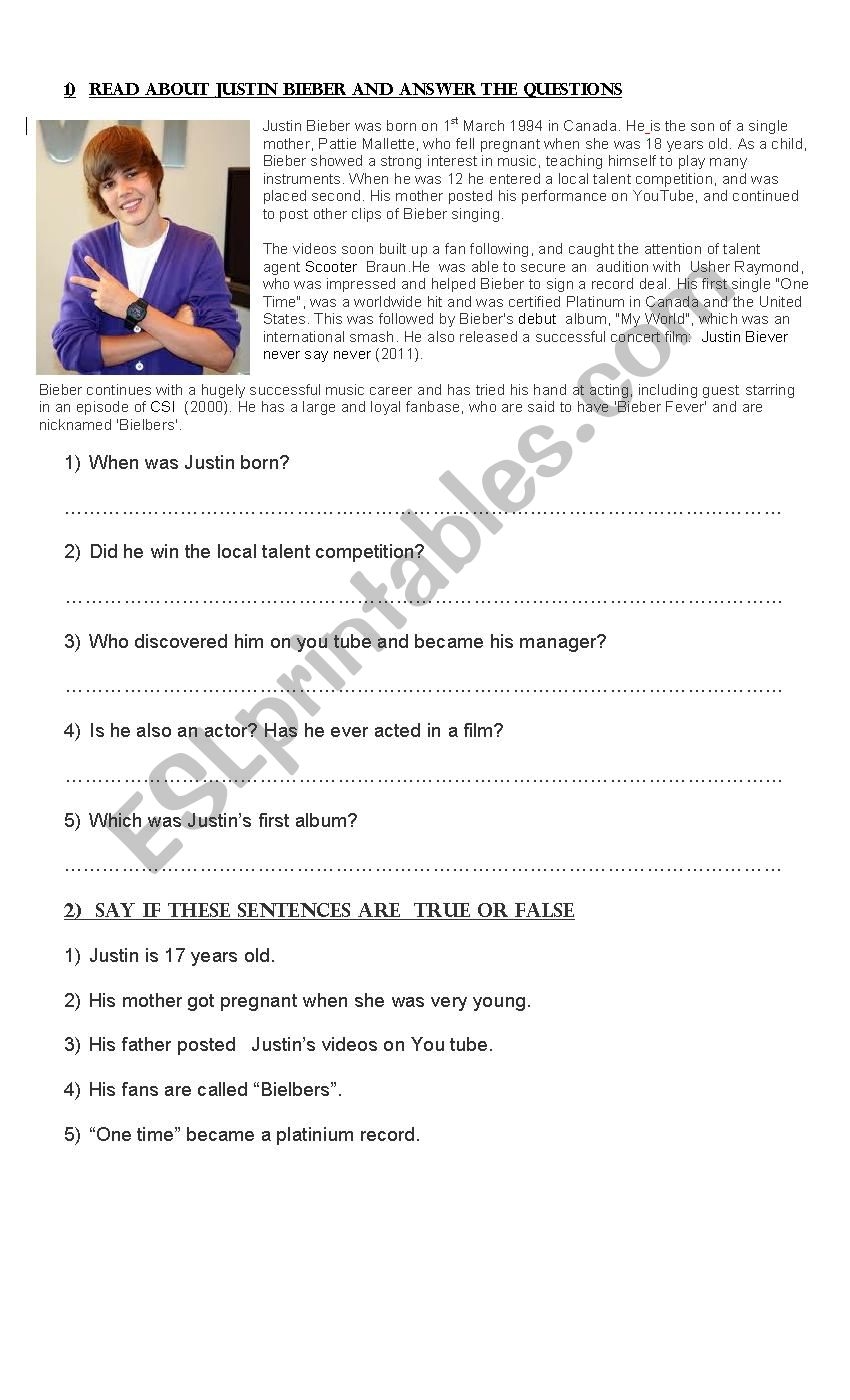 Reading About Justin Bieber ESL Worksheet By Virginia Karen1976