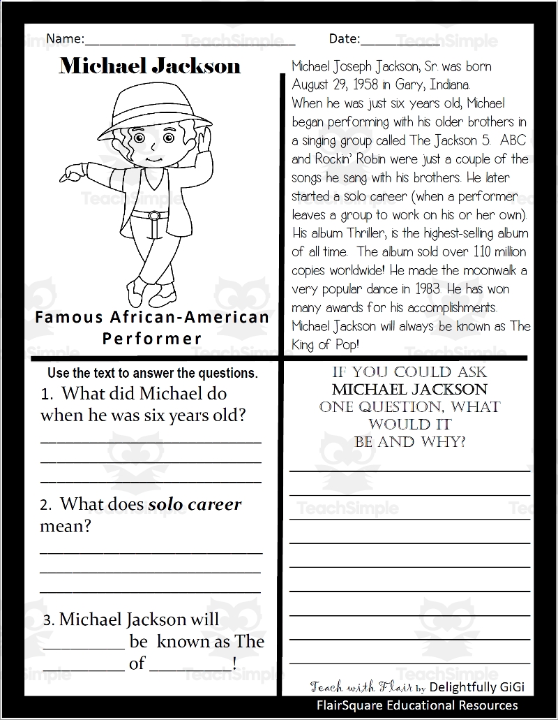 Reading Comprehension For Black History Month Michael Jackson Reading Comprehension For Black History Month Michael Jackson