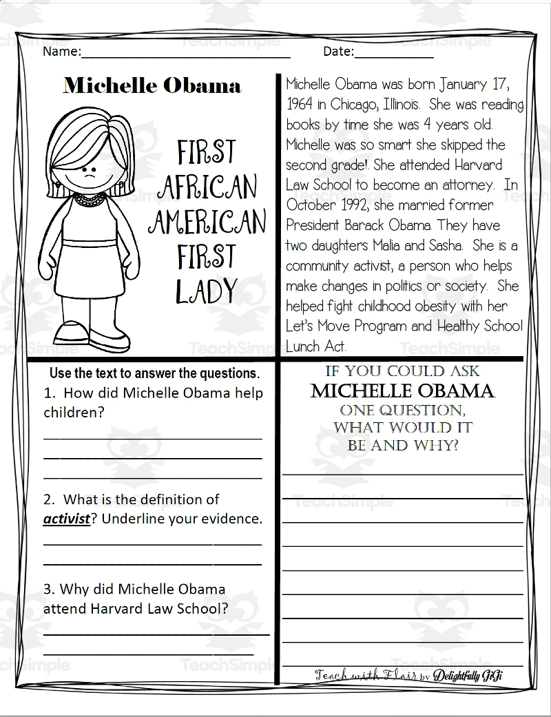 Reading Comprehension For Black History Month Michelle Obama By Reading Comprehension For Black History Month Michelle Obama By