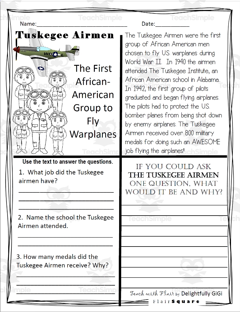 Reading Comprehension For Black History Month Tuskegee Airmen Reading Comprehension For Black History Month Tuskegee Airmen
