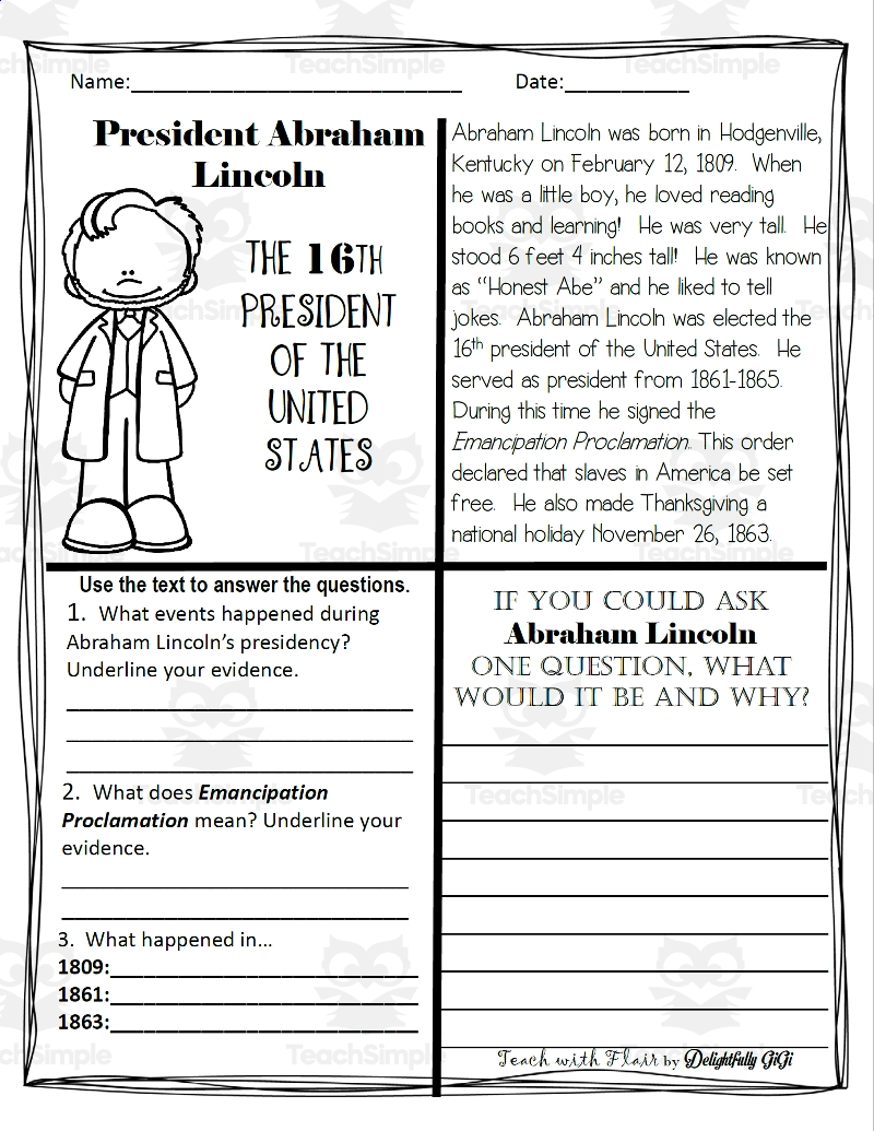 Reading Comprehension For Presidents Day President Abraham 