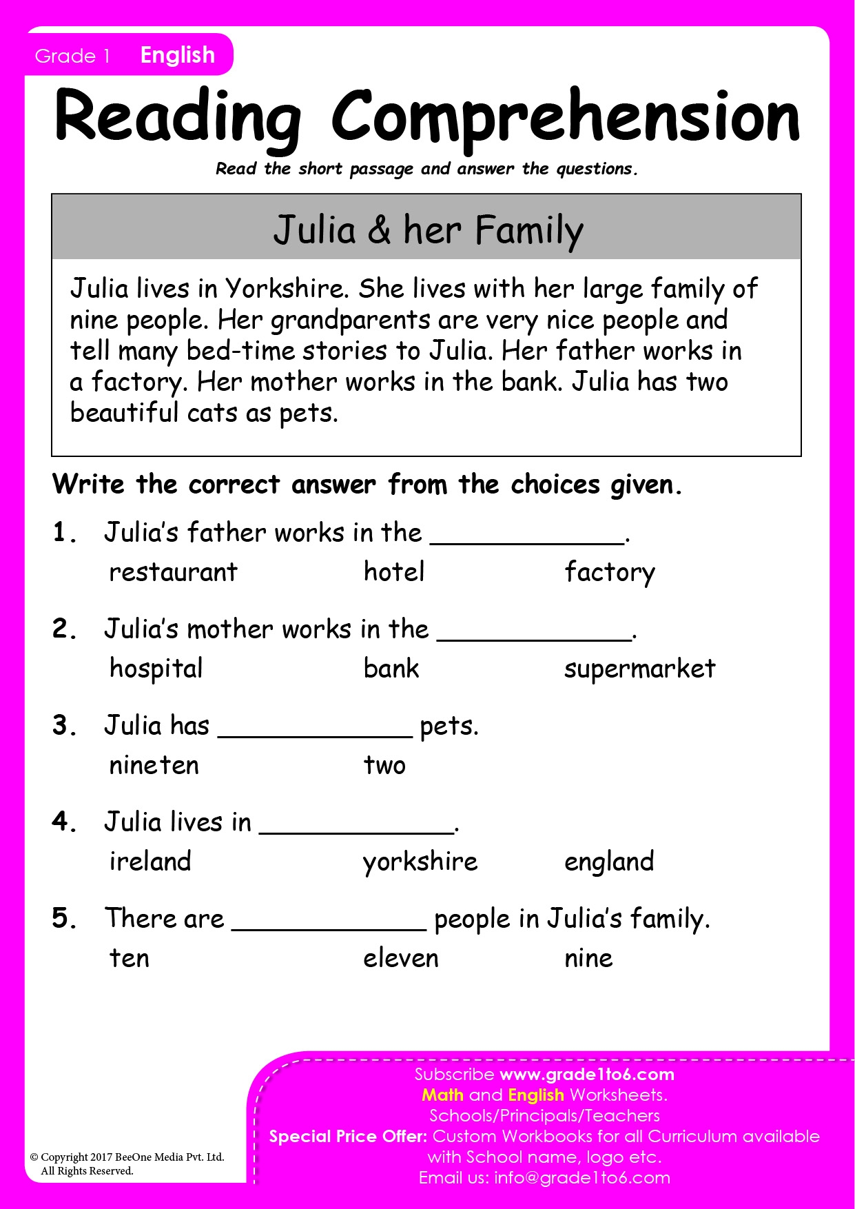 Reading Comprehension Passages Grade 1 PYP IB Worksheets Library