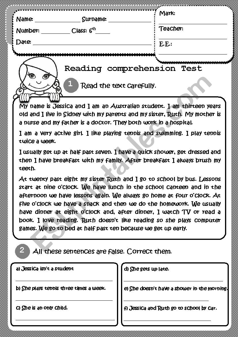 Reading Comprehension Test ESL Worksheet By Evelinamaria