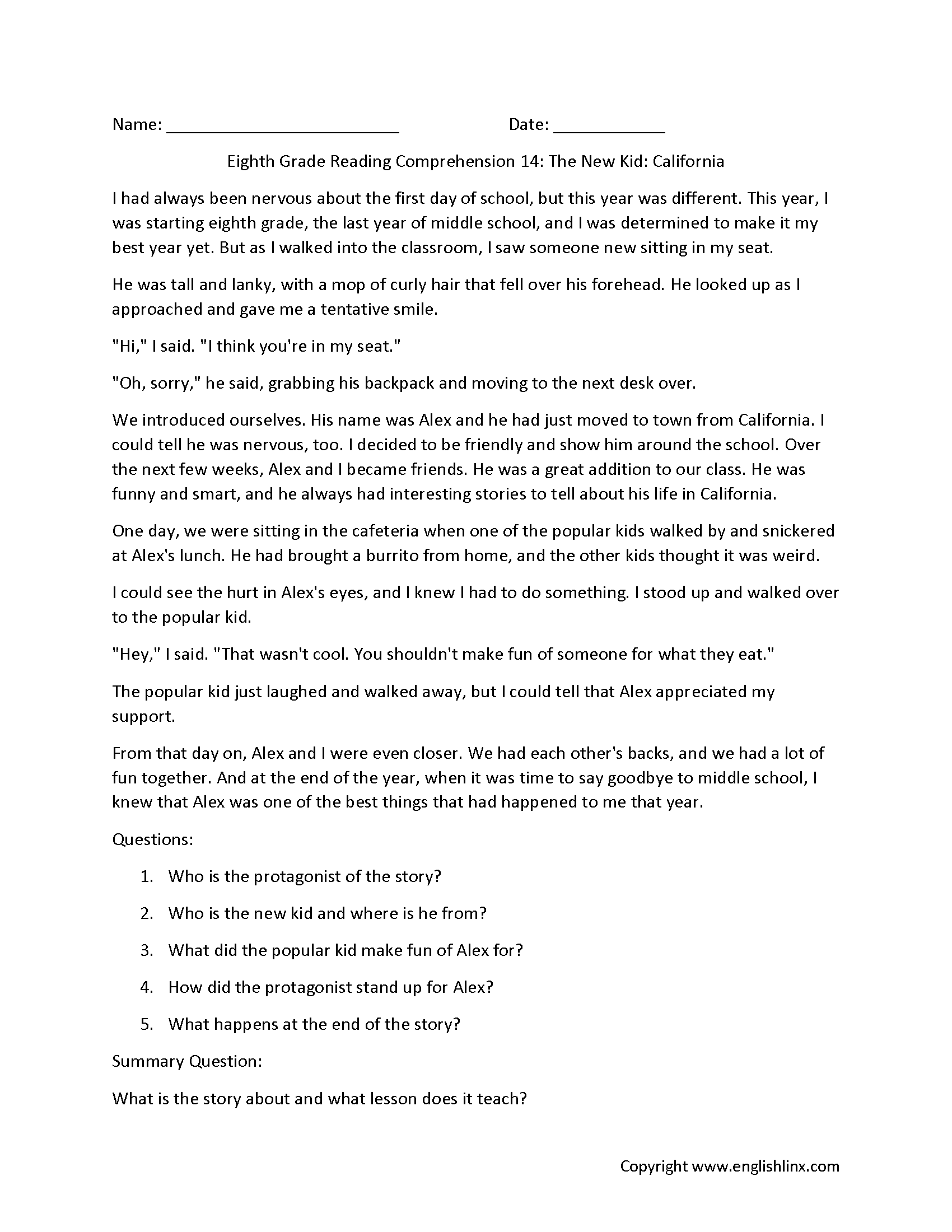 8th Grade Reading Comprehension Practice Worksheets