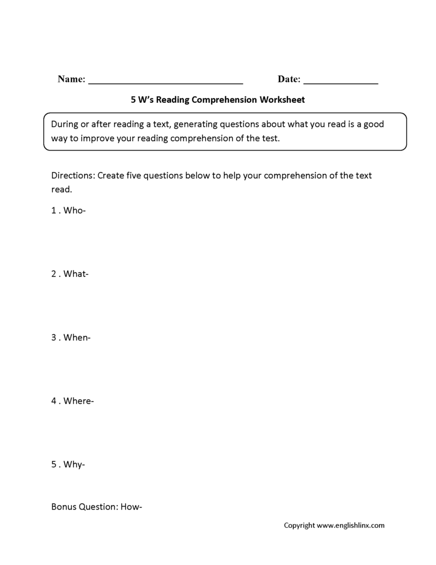 Reading Comprehension Worksheets Five W s Reading Comprehension