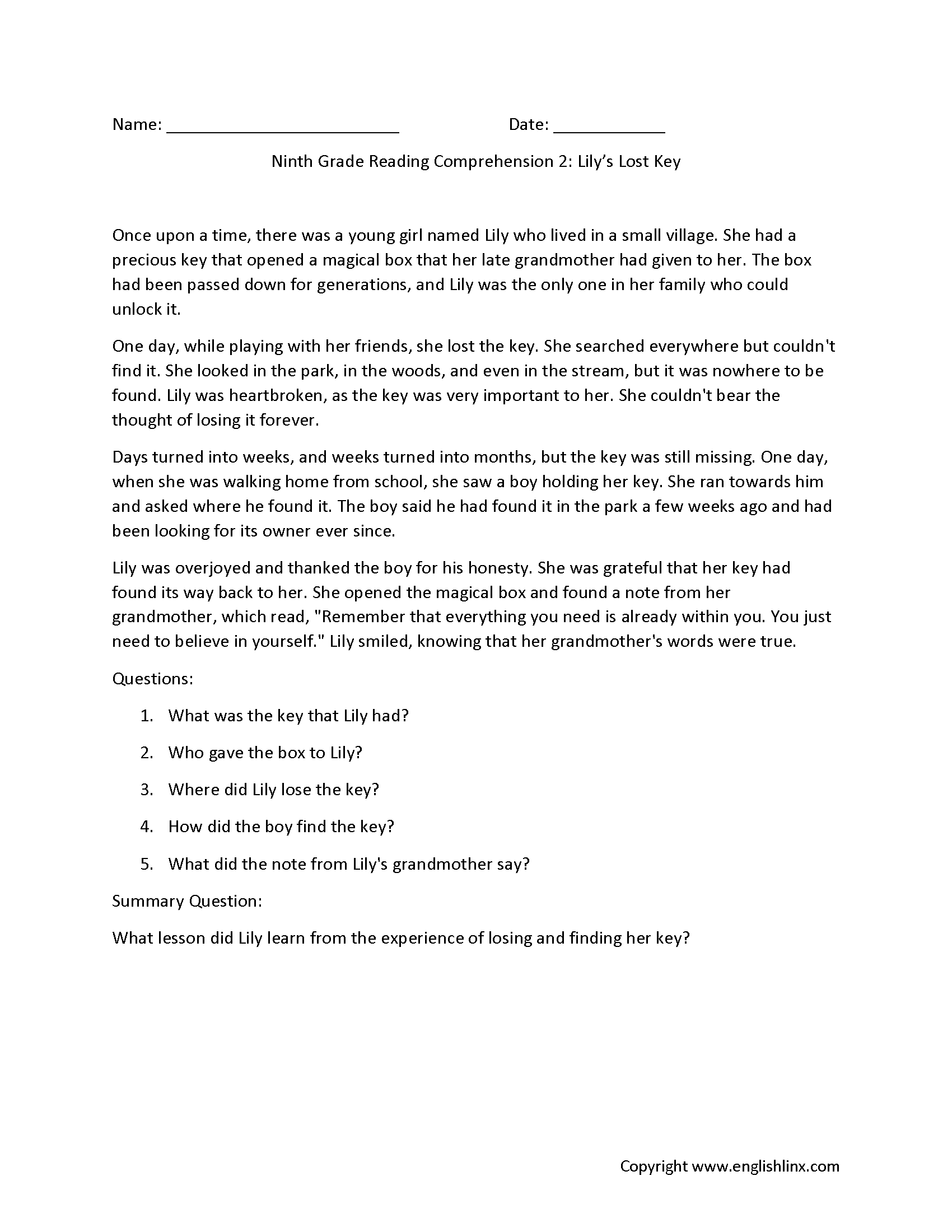 Reading Comprehension Worksheets Ninth Grade Reading 