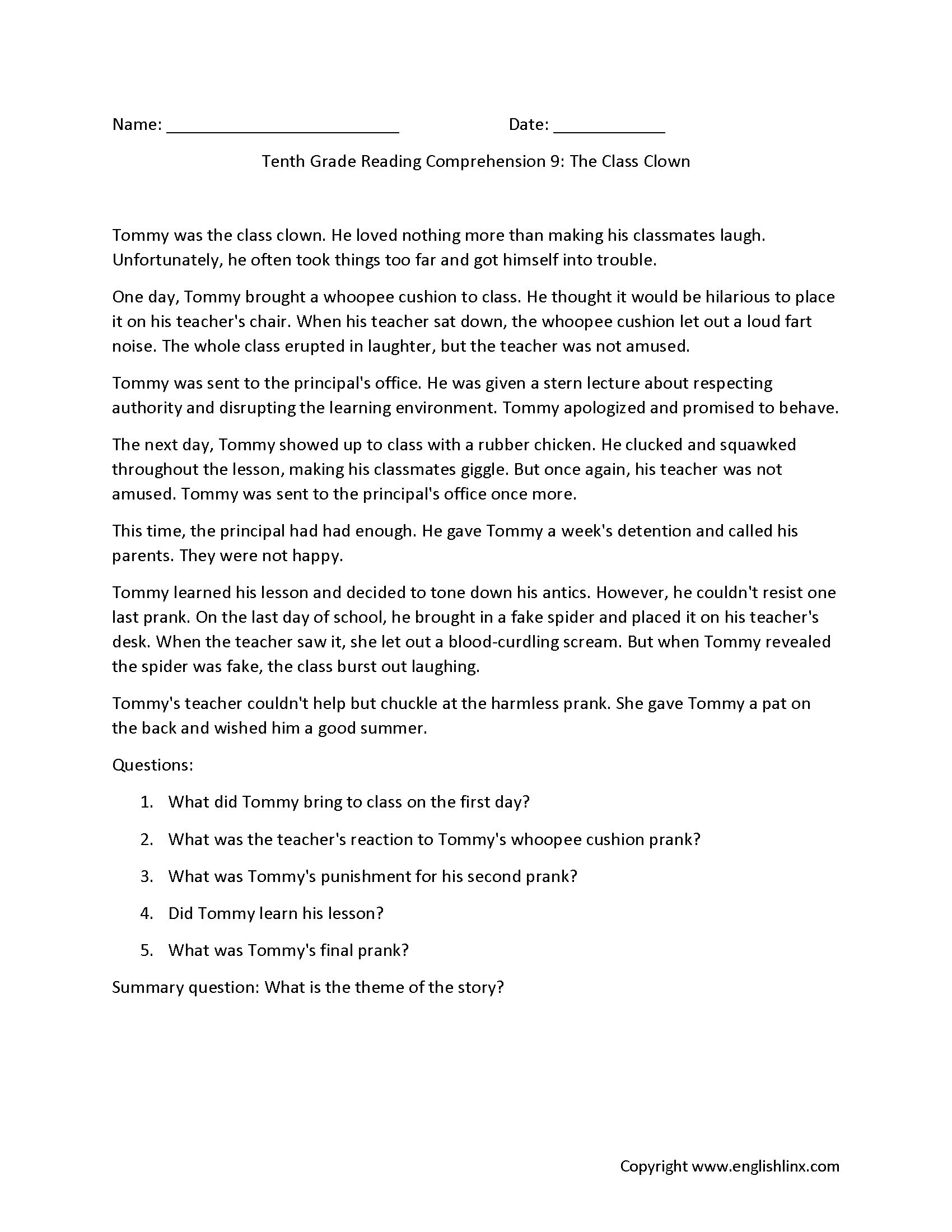 Reading Comprehension Worksheets Tenth Grade Reading Comprehension Worksheets