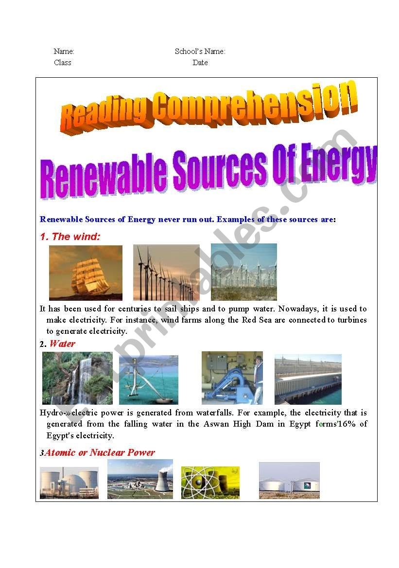Energy Reading Comprehension Worksheet Energy Reading Comprehension Worksheet