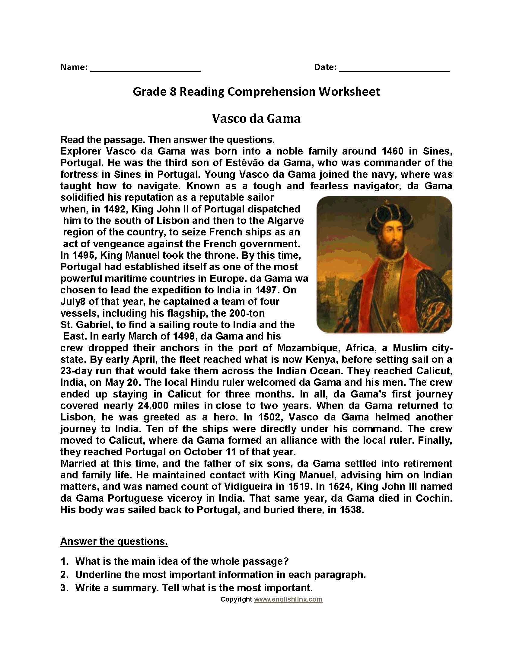 Reading Comprehension Worksheets Grade 8
