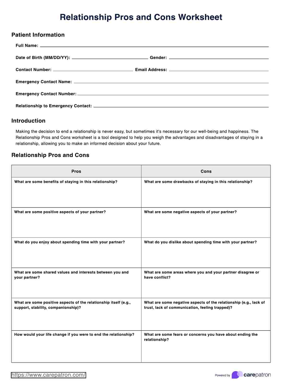 Relationship Pros And Cons Worksheet Example Free PDF Download