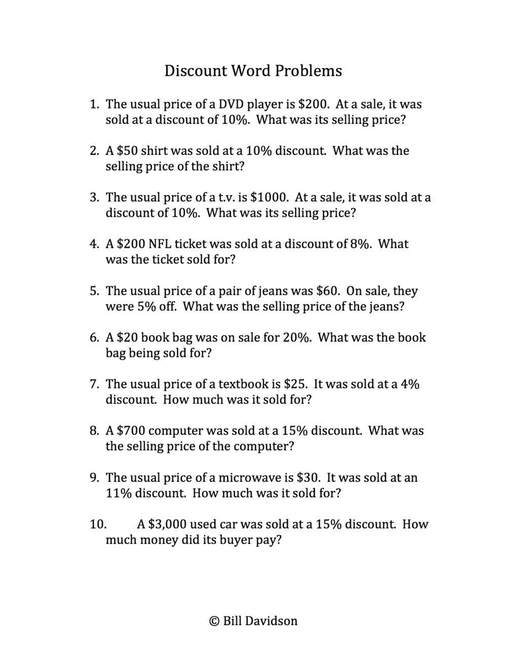 Remedial Discount Interest Word Problems The Davidson Group Worksheets Library
