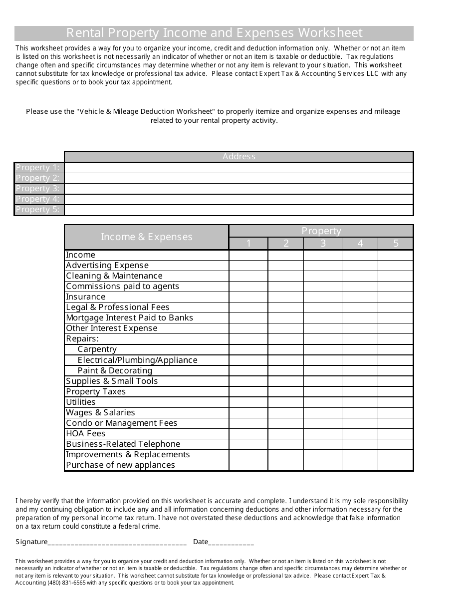 Rental Property Income And Expenses Worksheet Expert Tax Accounting Services Llc Fill Out Sign Online And Download PDF Templateroller