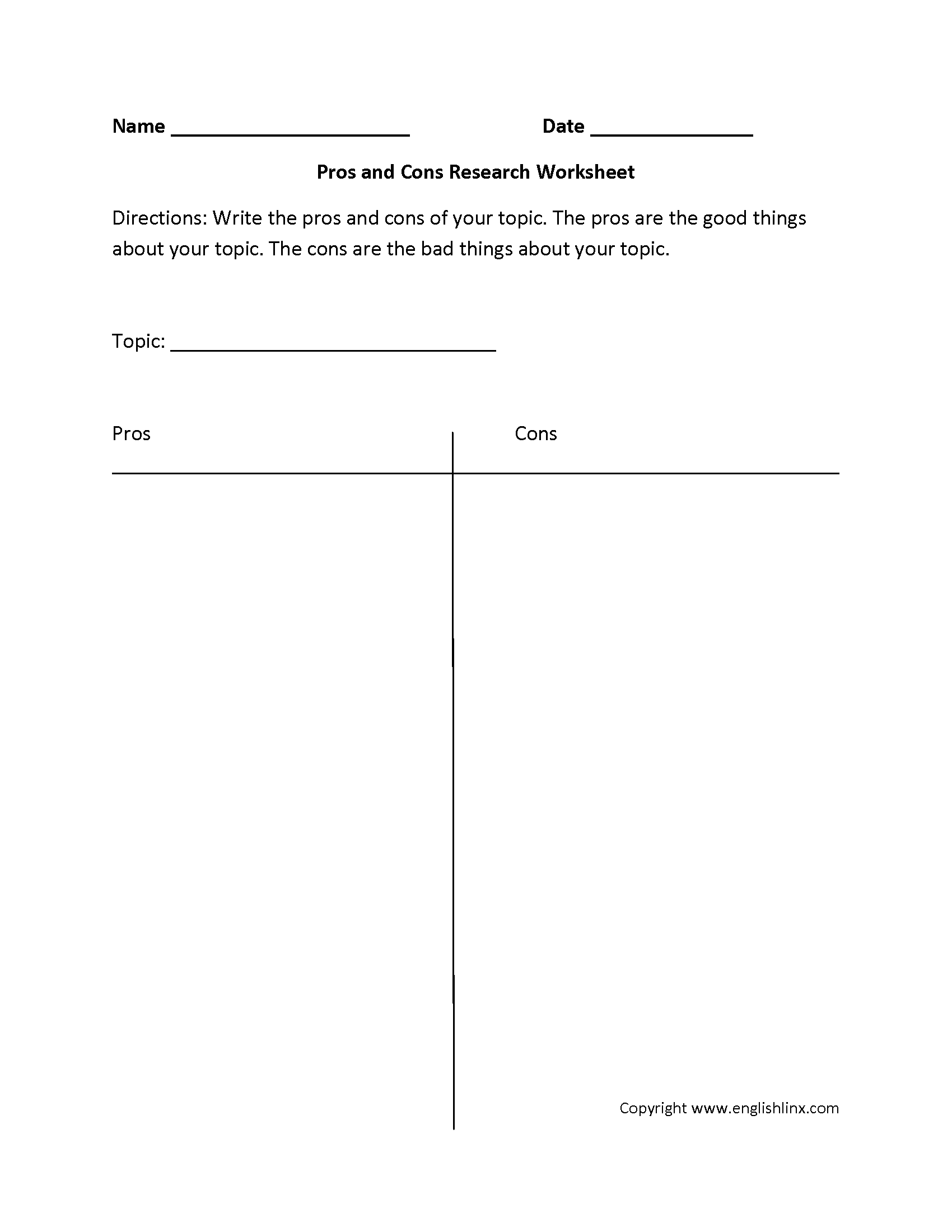 Research Worksheets Pros And Cons Research Worksheet