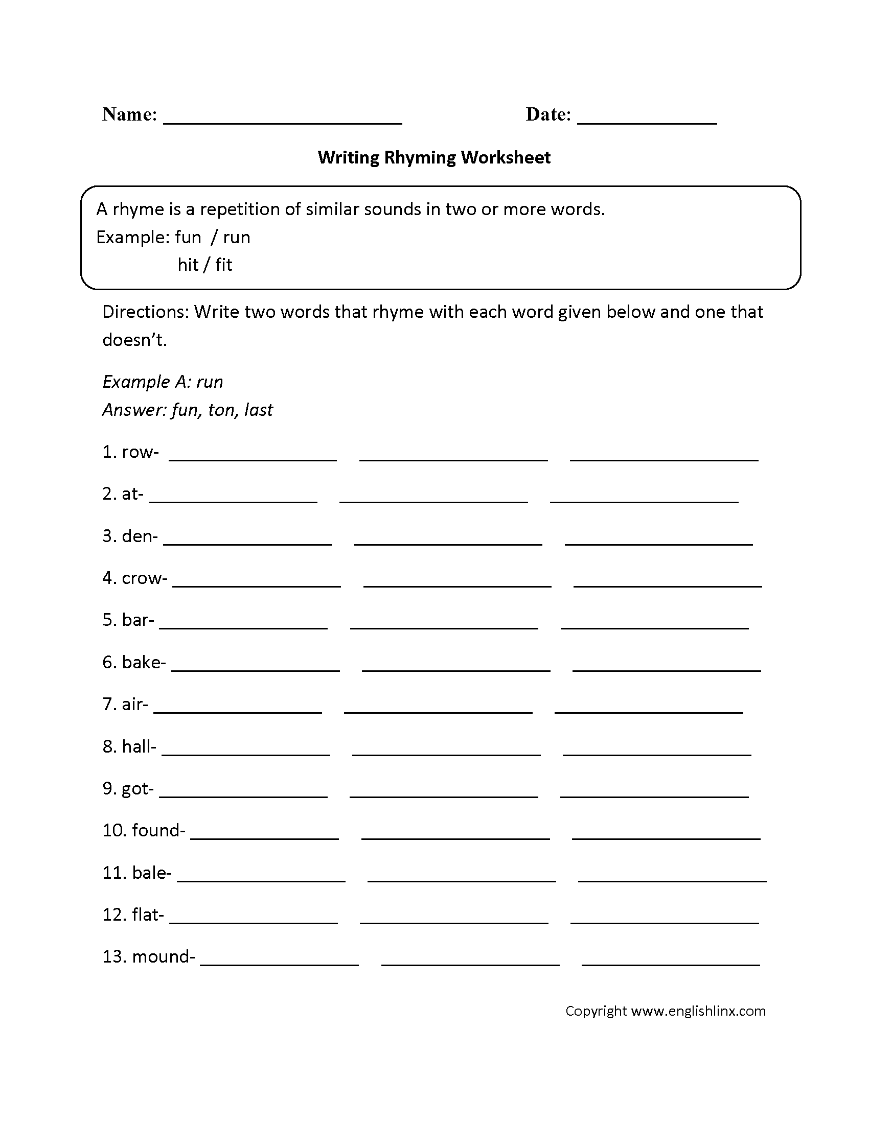 Free Rhyming Worksheets For Second Grade