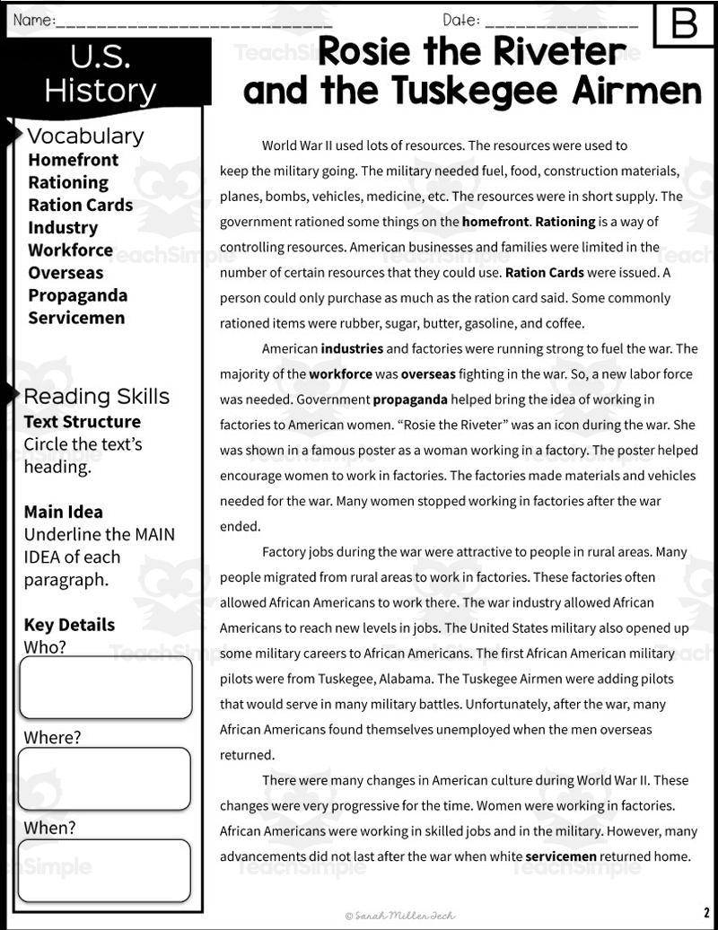 Rosie The Riveter And The Tuskegee Airmen Reading Packet Rosie The Riveter And The Tuskegee Airmen Reading Packet