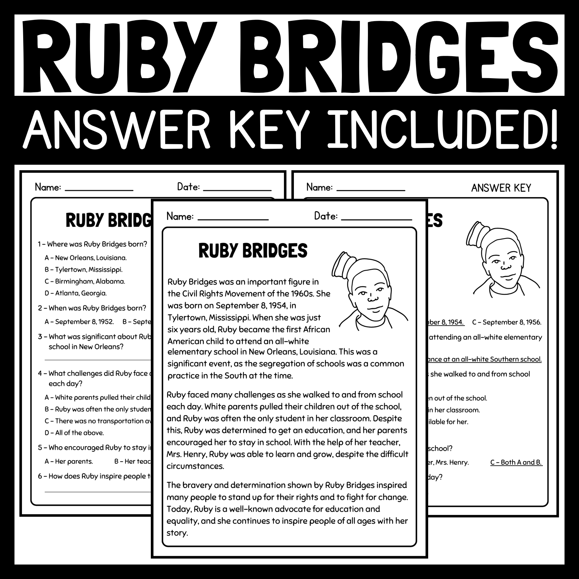 Ruby Bridges Article And Reading Comprehension Questions Women s History Month Made By Teachers