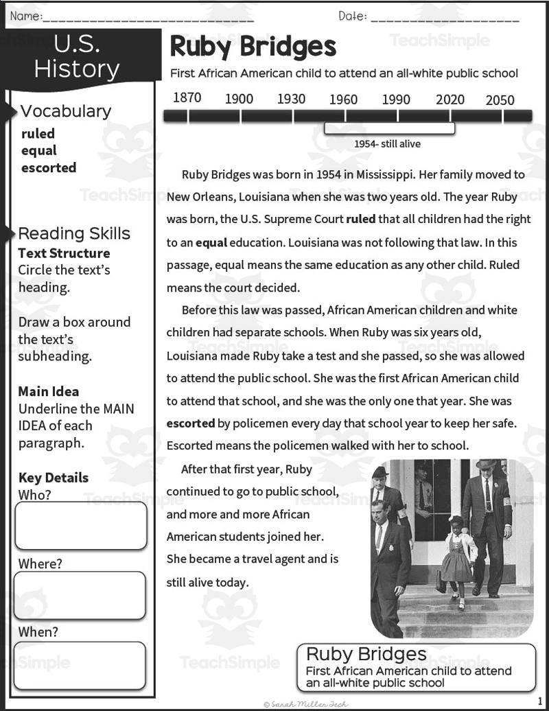Ruby Bridges History Packet For 2nd U0026 3rd Grade Worksheets Library