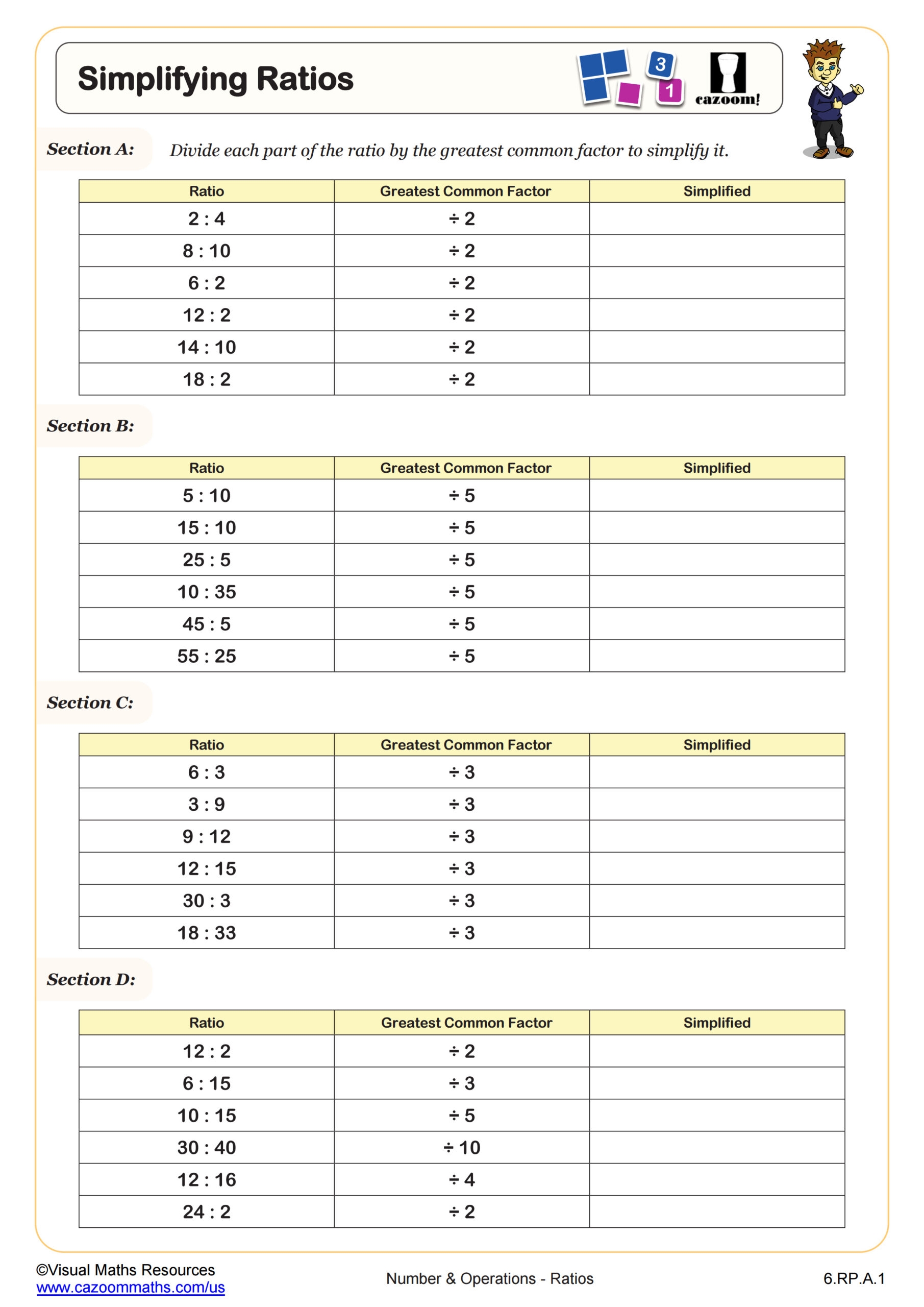 Simplifying Ratios Worksheet Fun And Engaging 6th Grade PDF Worksheets Cazoom Math