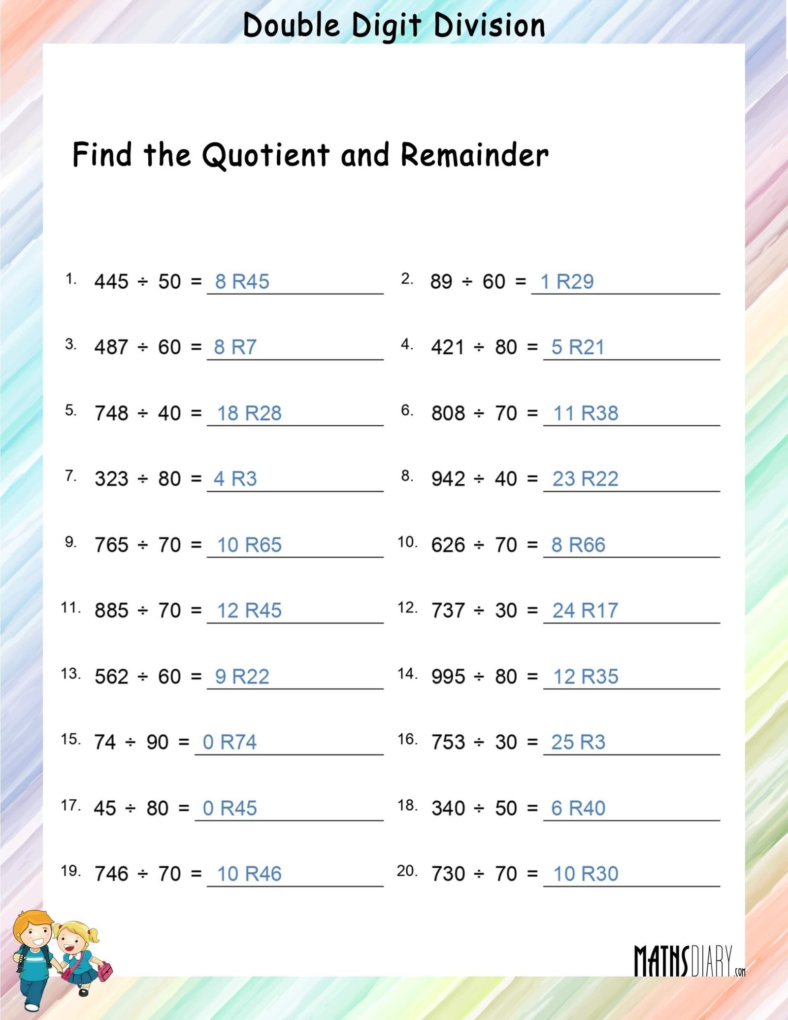 Printable One Digit Division Worksheets