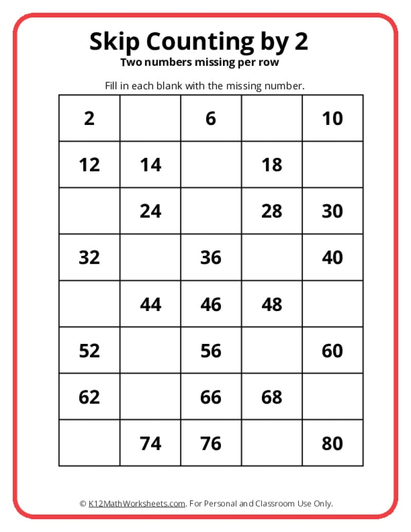 Printable Counting By 2s Worksheet