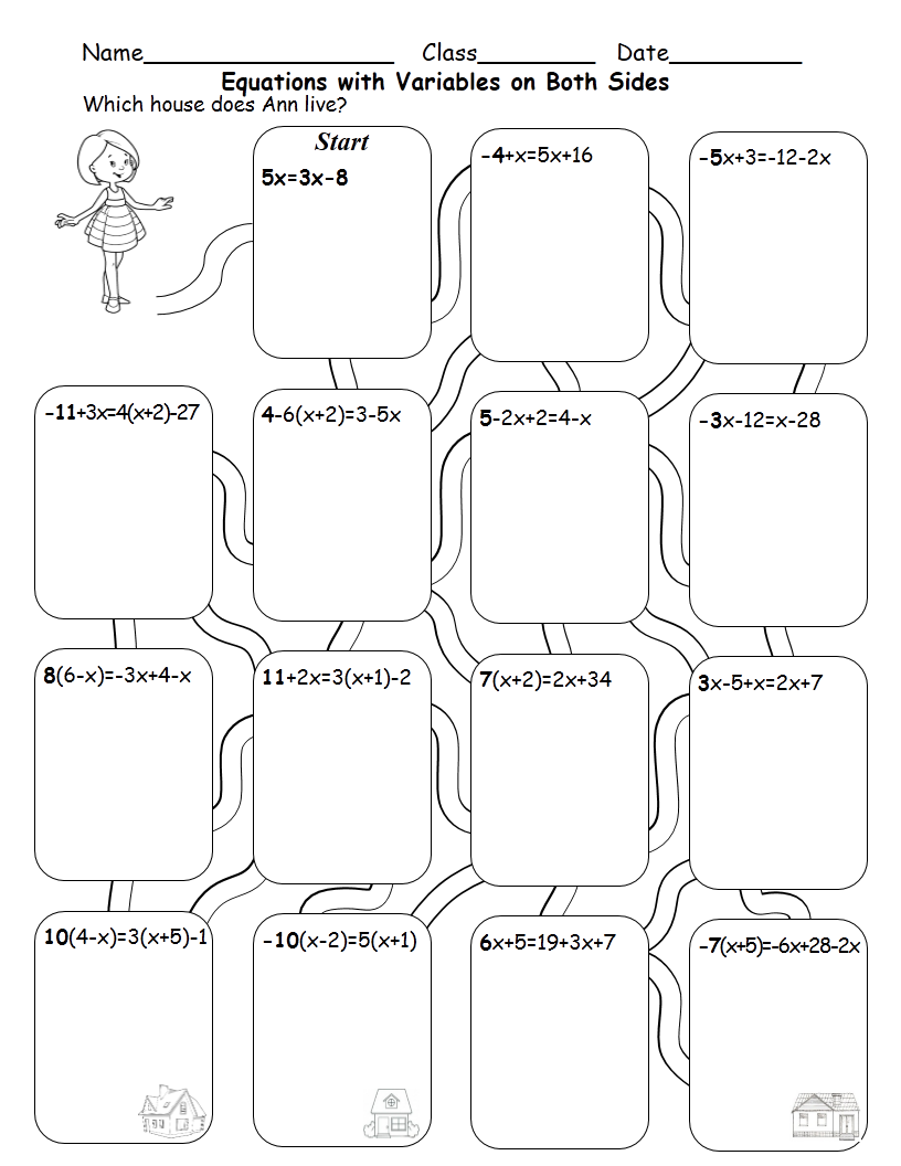 Solving Equations With Variables On Both Sides Maze Teaching Resources