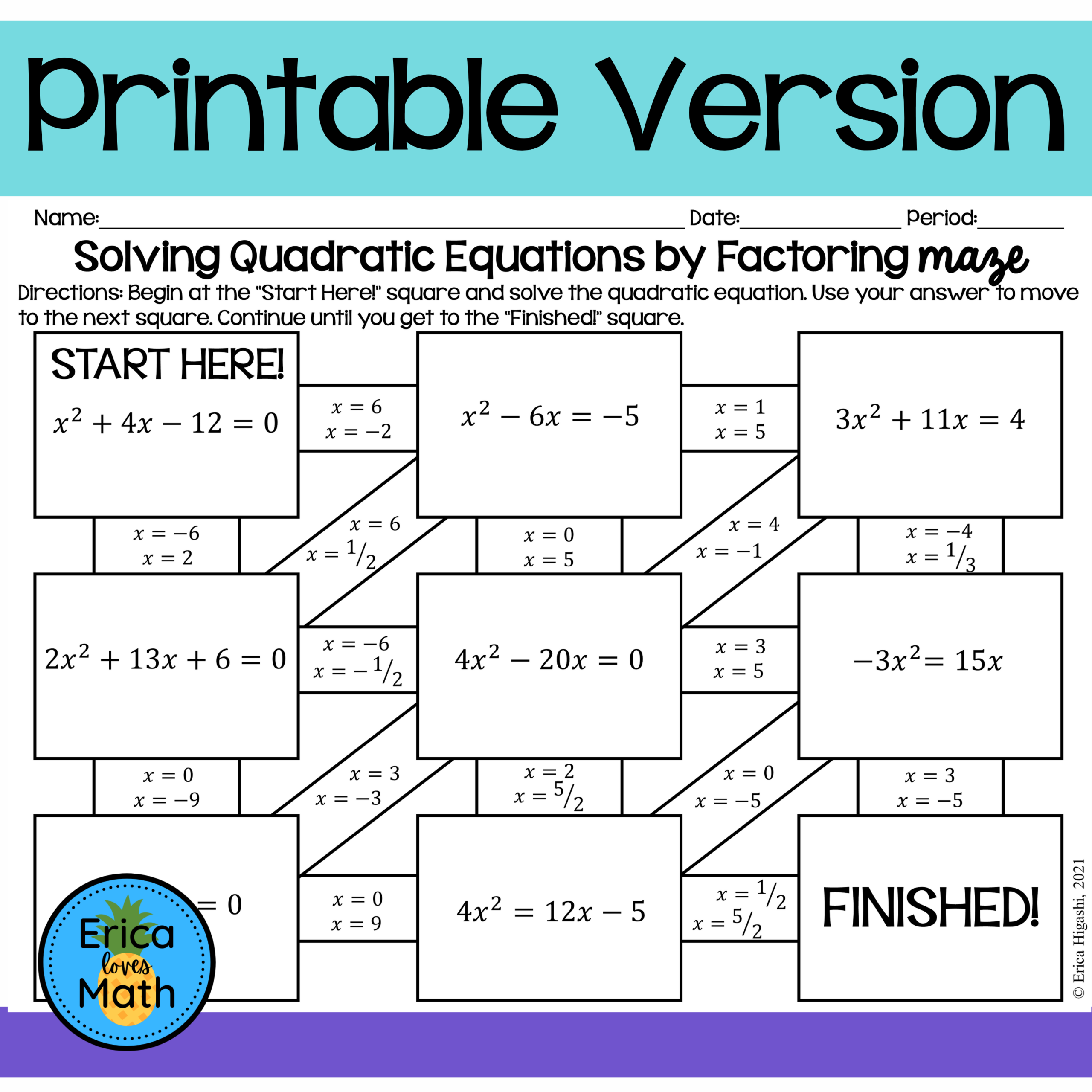 Solving Quadratic Equations By Factoring Activity Printable Solving Quadratic Equations By Factoring Activity Printable