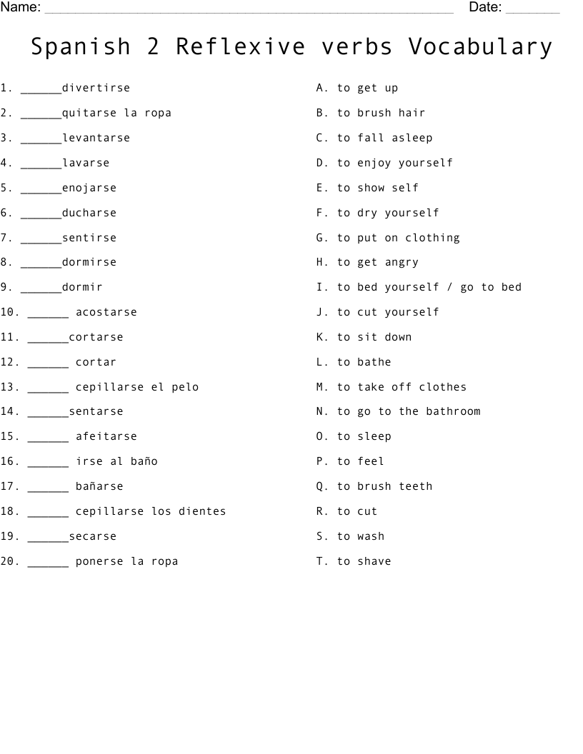 Spanish 2 Reflexive Verbs Vocabulary Worksheet WordMint Spanish 2 Reflexive Verbs Vocabulary Worksheet WordMint