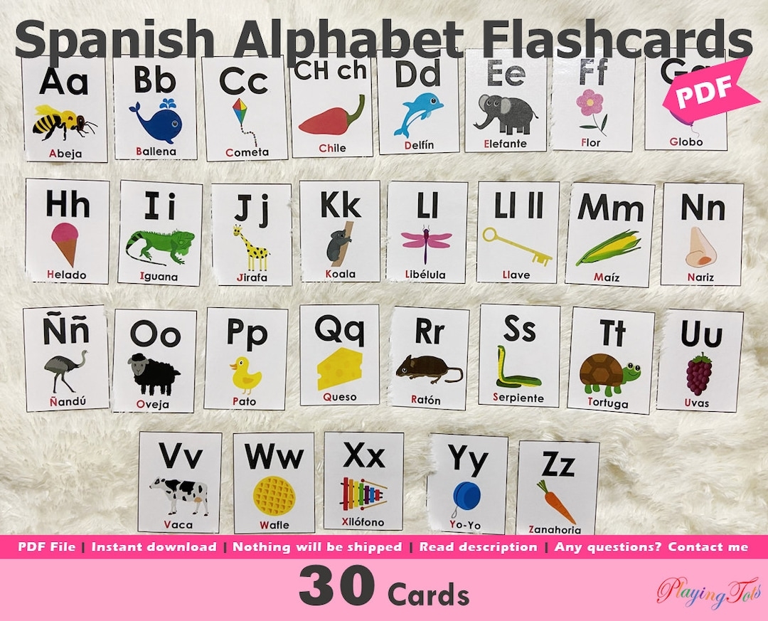 Spanish Alphabet Flash Cards Printable Alphabet Picture Flashcards Beginning Sounds First Learning Cards For Toddlers Preschool Etsy