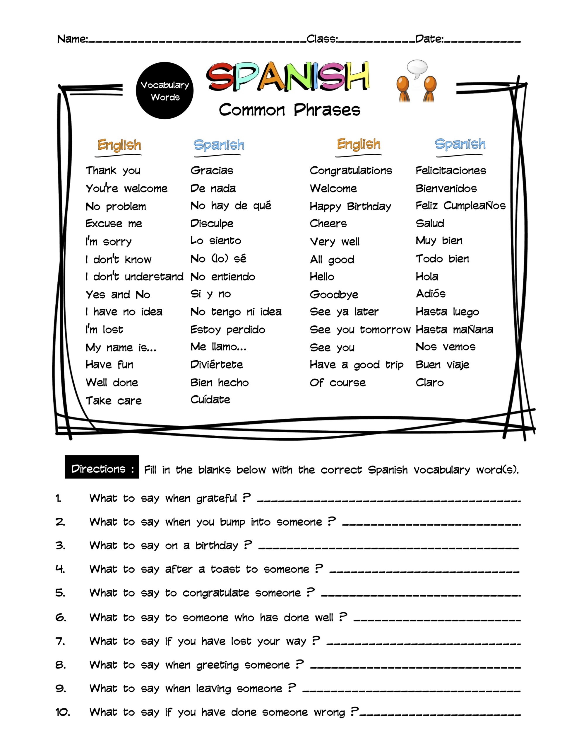 Spanish Common Phrases Vocabulary Word List Worksheet U0026 Answer Key Spanish Common Phrases Vocabulary Word List Worksheet U0026 Answer Key