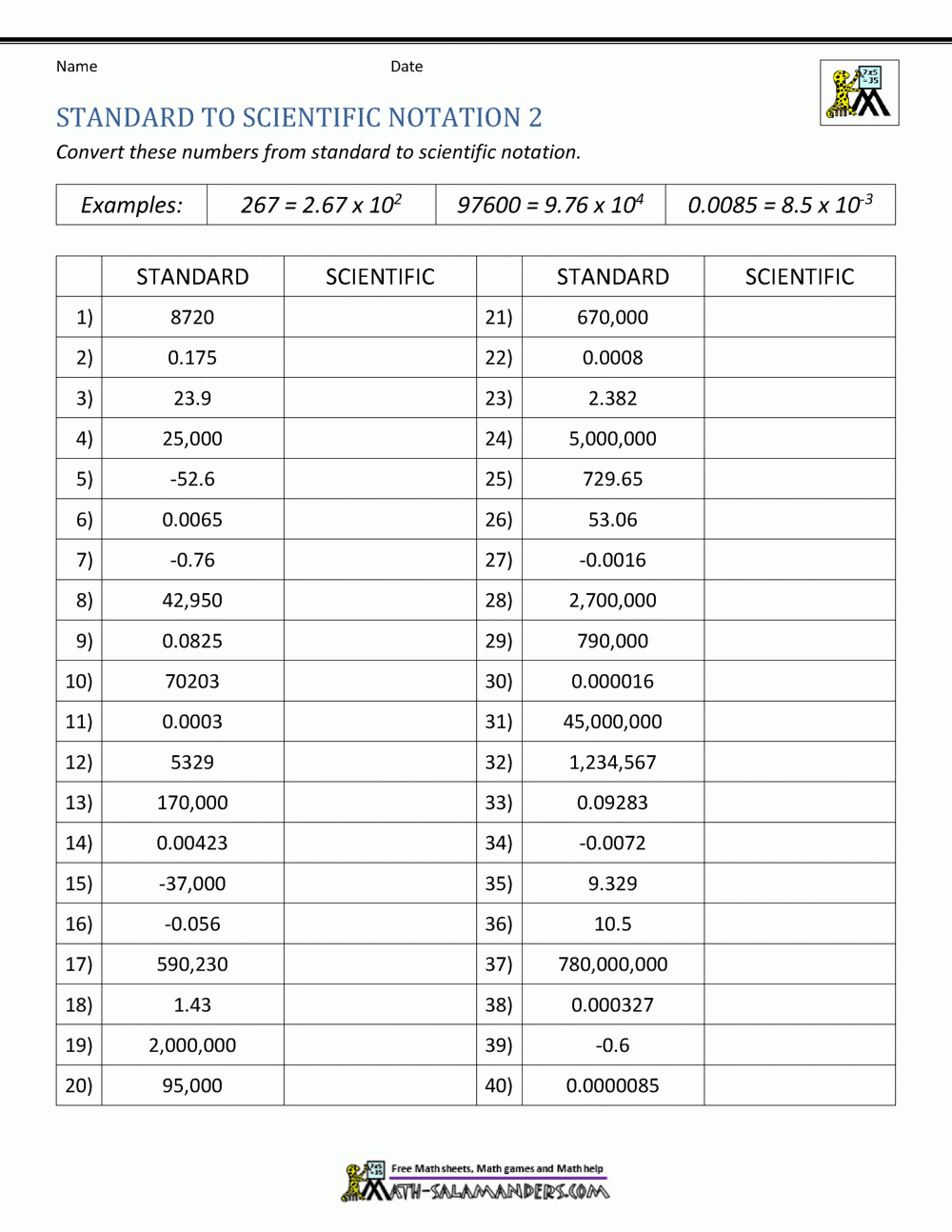 Printable Math Worksheets Scientific Notation Answers