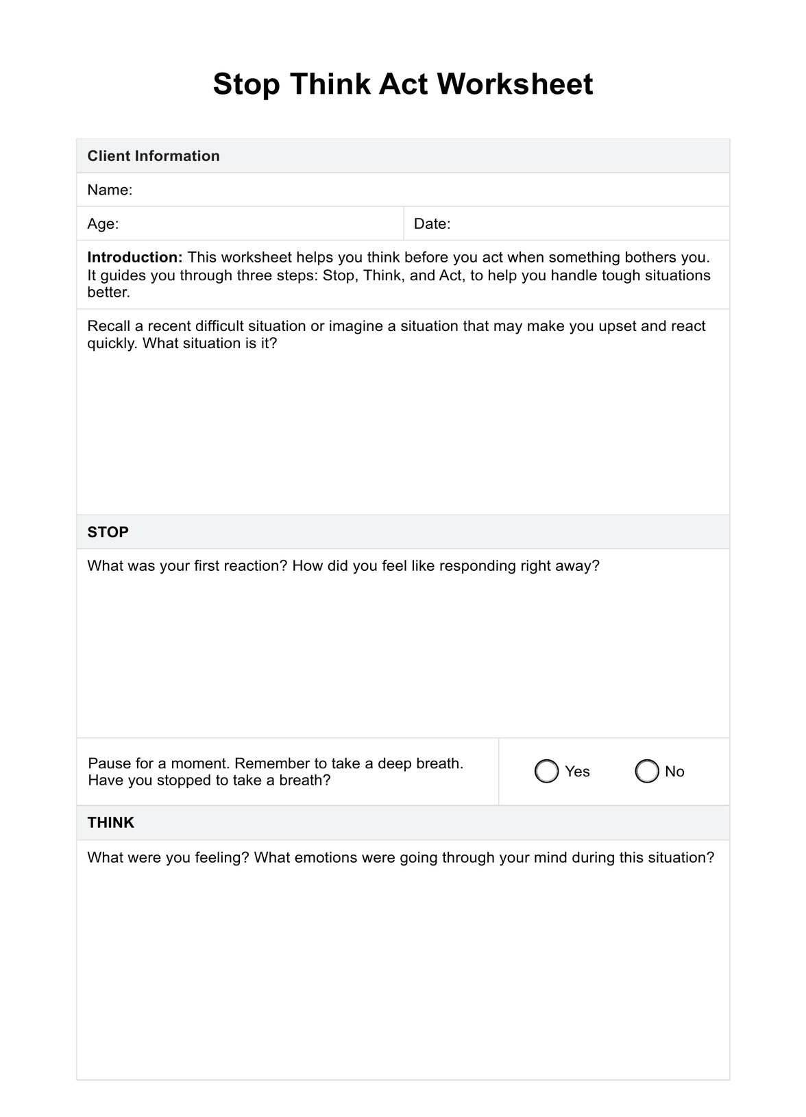 Stop Think Act Worksheet