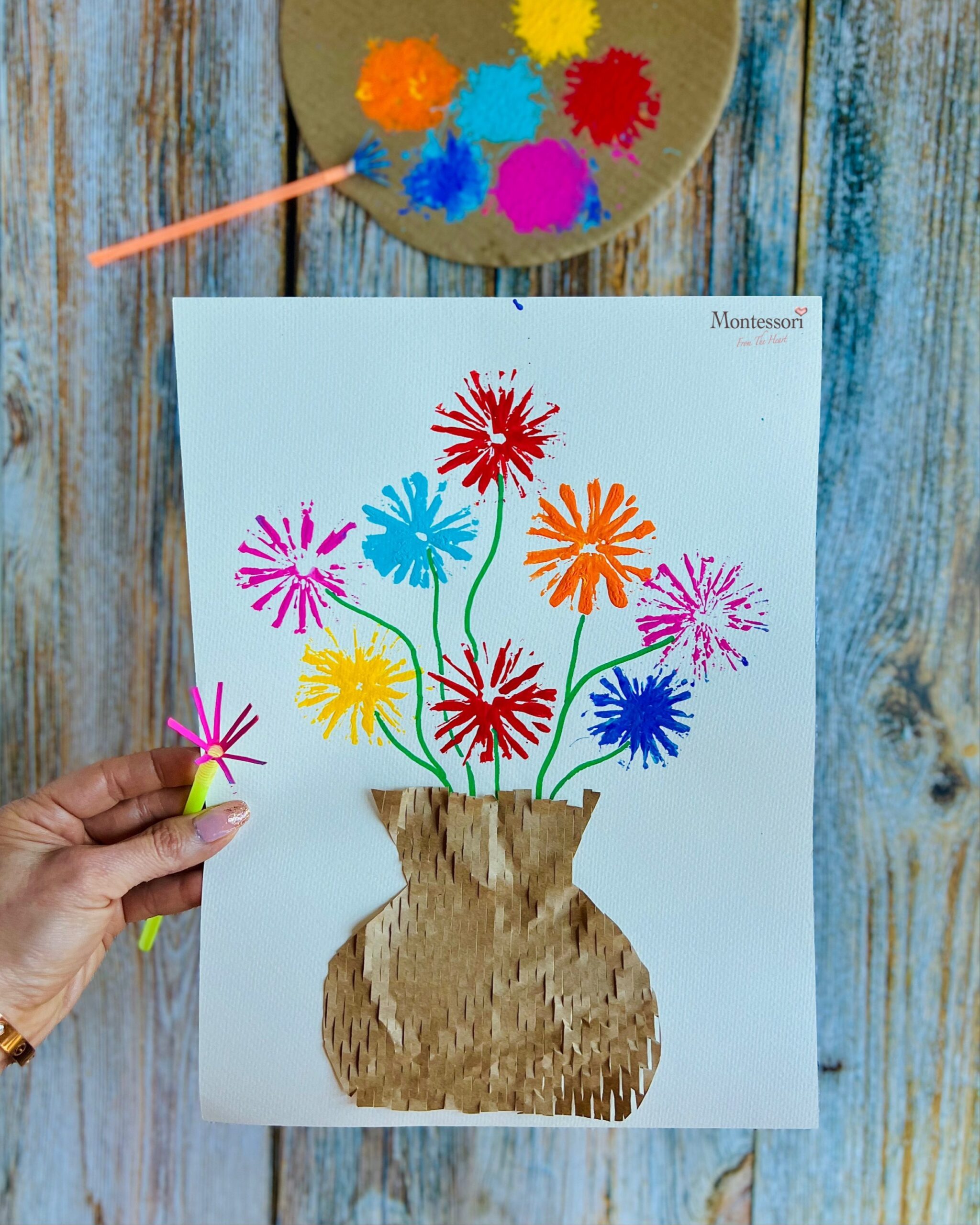 Straw Print Spring Flower Painting Craft Activity For Kids FREE Vase Template Montessori From The Heart