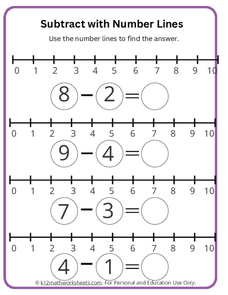 Subtract With Number Lines K12 Math Worksheets