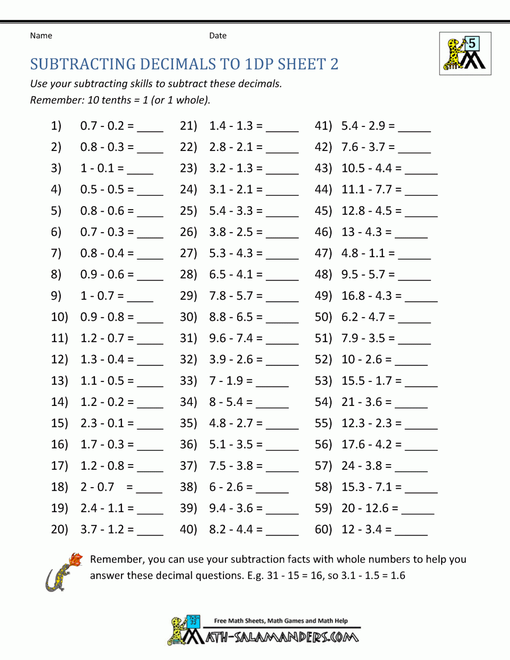 Subtracting Decimals Worksheets Picture